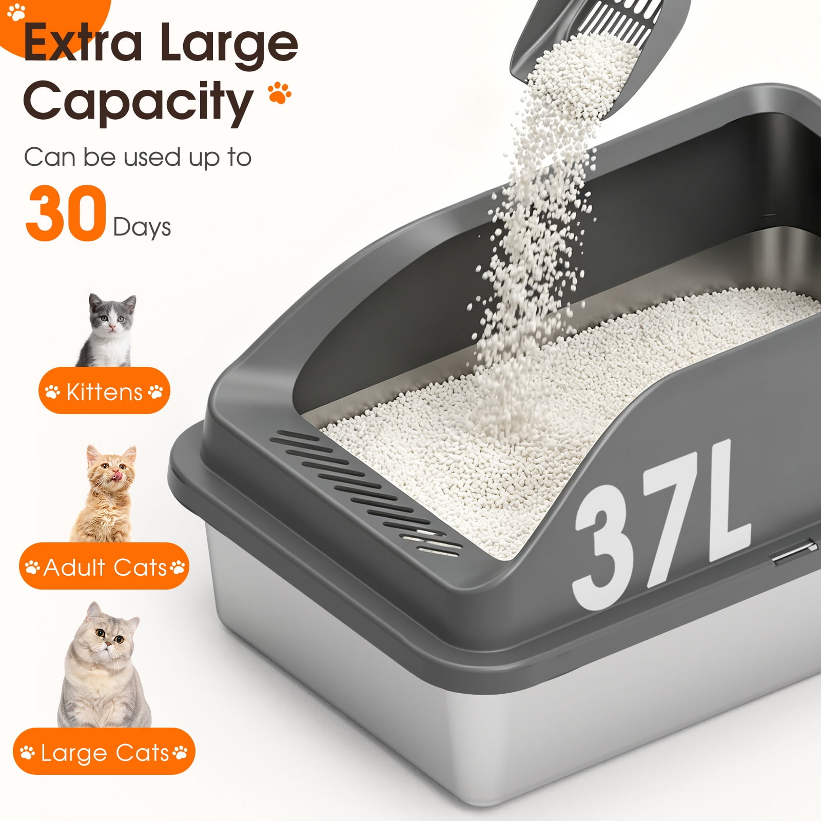 Euqvunn Stainless Steel Litter Box XL for Large Cats, Metal Cat Litter Box with Lid and High Sides, Leakproof, Non Stick, Easy to Clean, Scoop Included