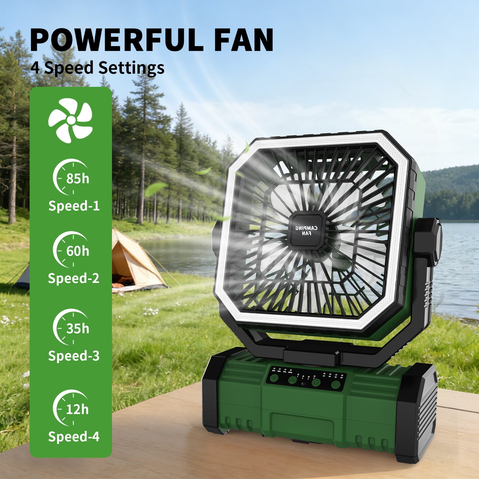 SuperRGB Portable Camping Fan, 20000mAh Rechargeable Battery Operated Fan with LED Light & Remote, 4 Speeds, Timer & Hanging Hook for Tent, Outdoor, Travel, Emergency, Green