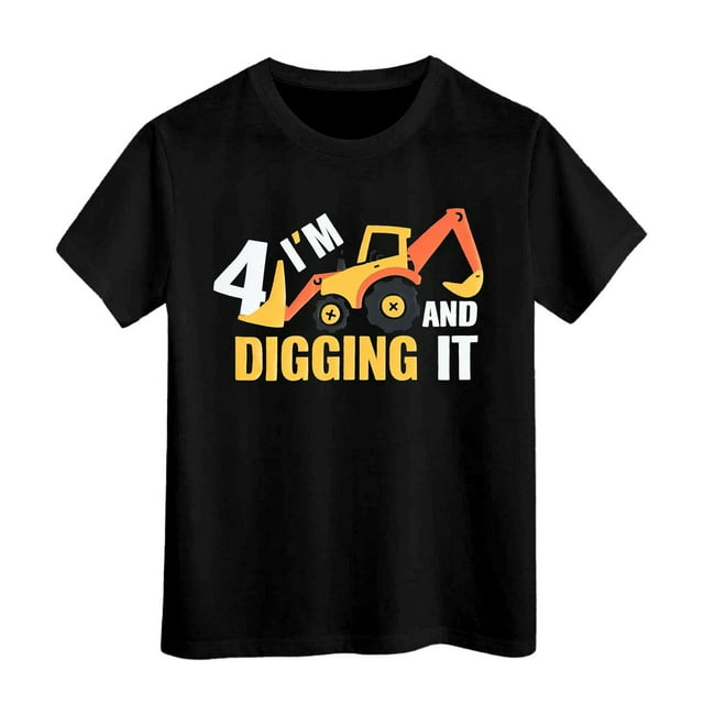 T-shirts d'Été pour Garçons Hauts Enfants Manches Courtes Excavatrice Graphique Imprimé Col Rond Coupe Ample Mignon Décontracté Enfant Garçon Tee Blouse 8-9 T