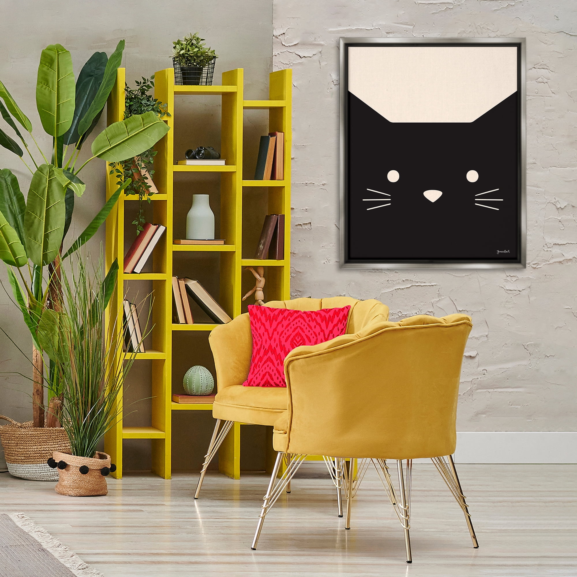 Stupell Industries Black Cat Close Up Animals Painting Gray Floater Framed Canvas Art Print Wall Art, 25 x 31