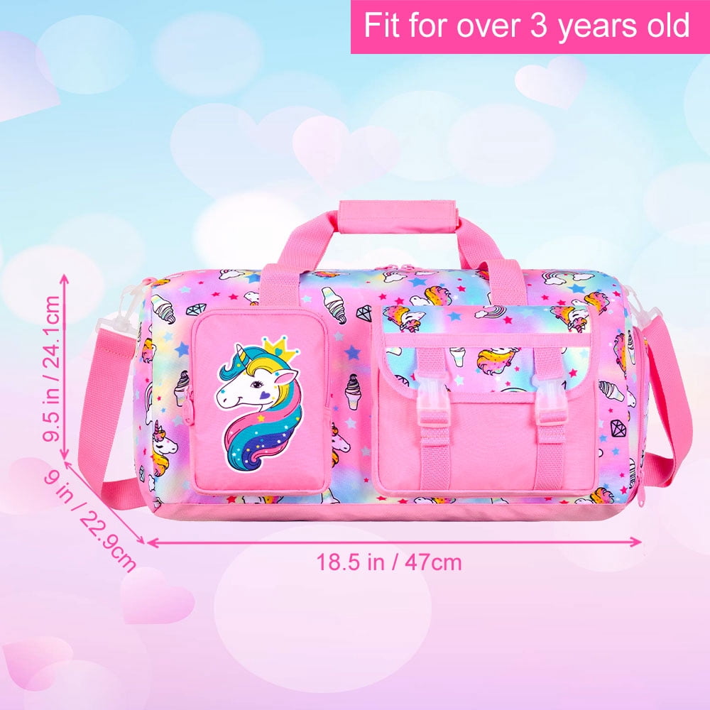 Kids Travel Duffle Bag for Girls with Shoe Compartment, A Sports Gym Weekender Overnight Sleepover Bag for Toddler Little Kid - Pink Unicorn
