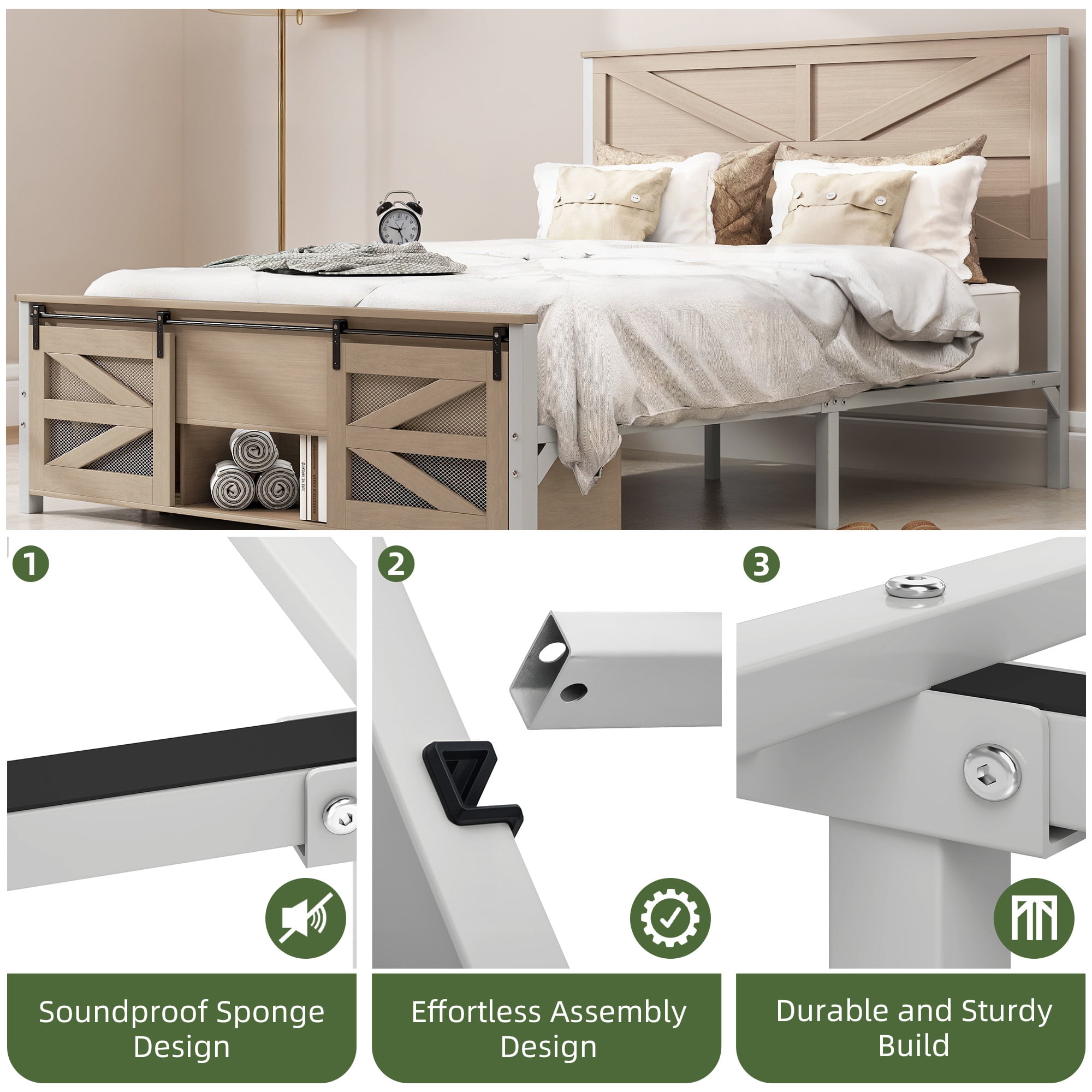 Uforic Bed End Barn Door Queen Size Bed Frame with Headboar Storage, Steel Mesh Door & Sturdy Construction, Oak
