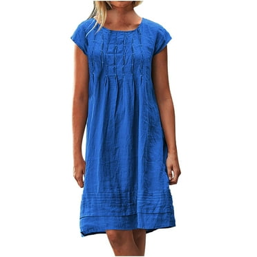 Aoochasliy Summer Dresses for Women Cotton and Linen Crewneck Loose Short Sleeve Solid Mini Dress Summer Savings Clearance!
