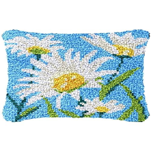 White Daisy DIY Latch Hook Pillow Kit for Adults Rectangle Throw Pillow Cover with Printed Canvas Crochet Yarn Needle Craft Cushion for Sofa Couch Living Room 12x20inch