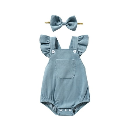 

Genuiskids Baby Girl Corduroy Romper Newborn Infant Fly Sleeve Square Neck Solid Color Chest Pocket Buttons Spring Fall Summer Short Romper + Headband