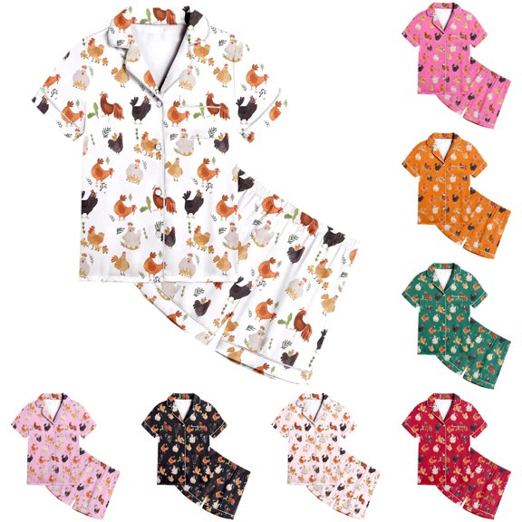 Weebloom Kids Girls Summer Pajamas Animal Chicken Pattern Boys Pattern Printed Short Sleeve Button Down Pajamas Shorts Set Outfits Sleepwear Nightwear Pjs Loungewear White 8-9 Years