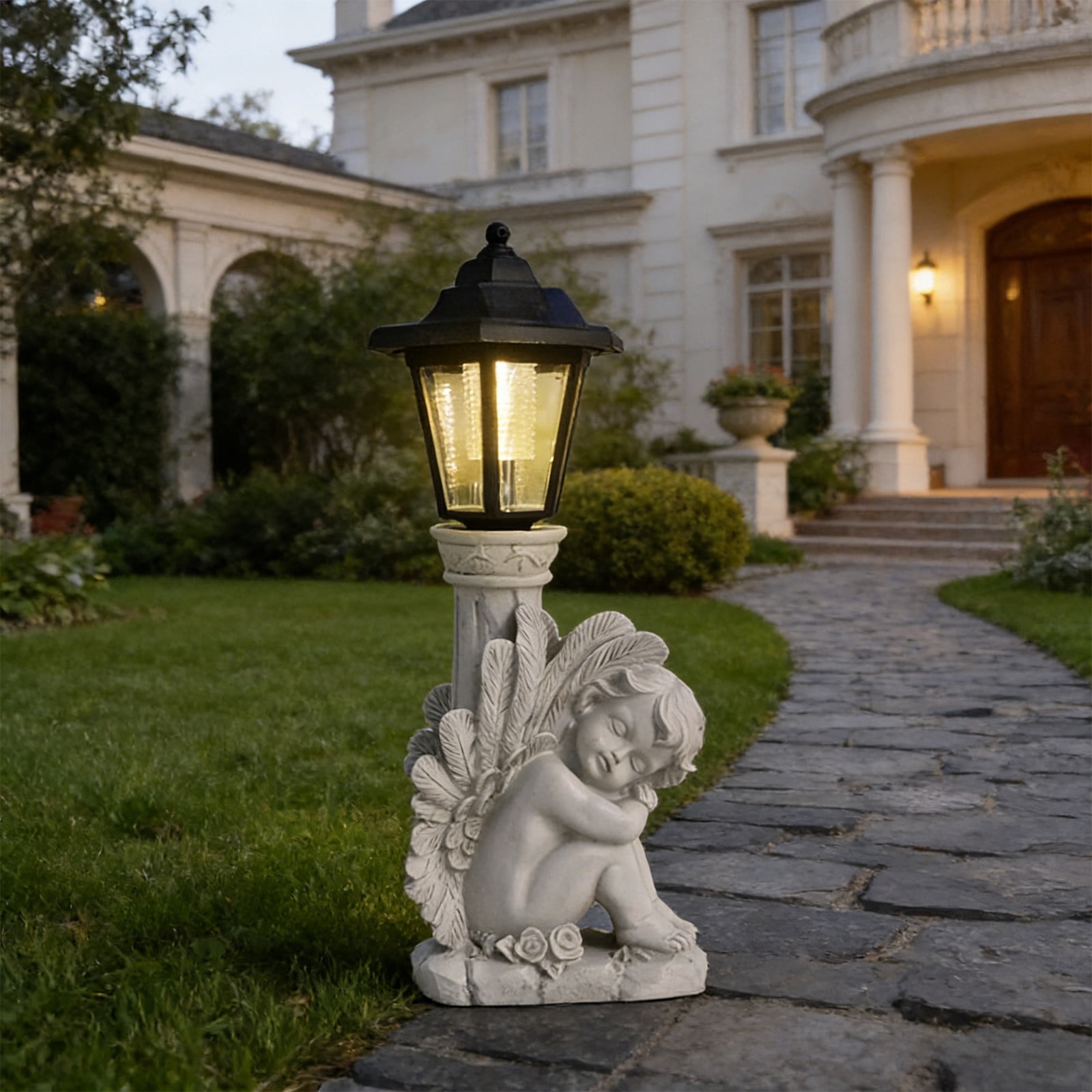 Solar Garden Light Statue Resin Figurine, 14 Inch Outdoor LED Angel Decor for Yard Patio Pathways, Waterproof Memorial Gift Home