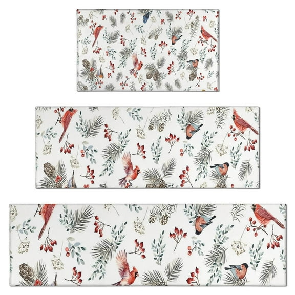 White Christmas Bird and Pine Pattern Kitchen Rugs Sets Of 3,Kitchen Runner Rugs Non Skid Washable,Decorative Kitchen Floor Mats for Kitchen,Sink,Laundry,17"x30" 17"x47" 17"x59"