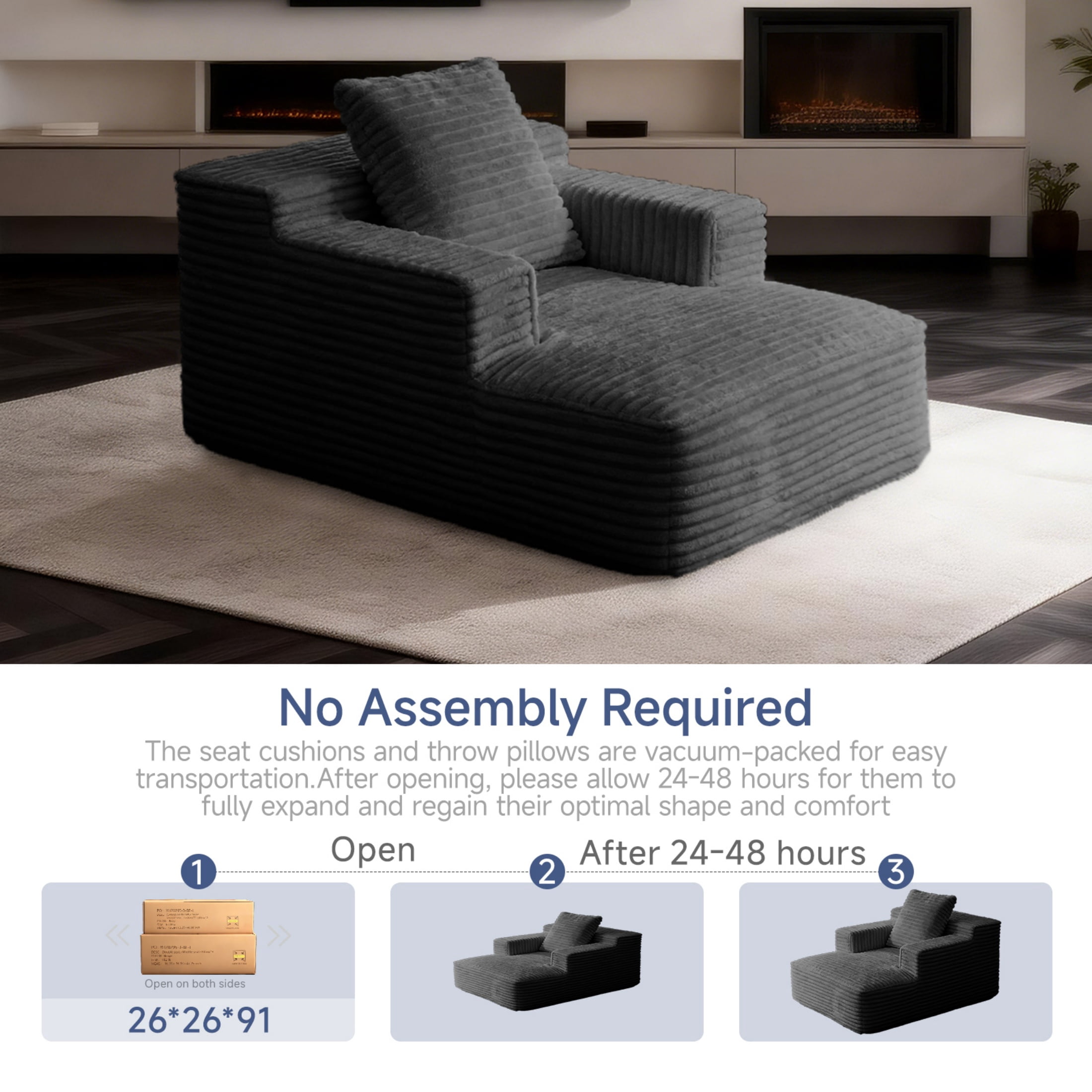 AISWORD 45.6'' Small Chaise Lounge Chair Indoor Corduroy Cloud Floor Sofa Bed No Assembly Required Deep Seat Boneless Couch with Pillows, Black