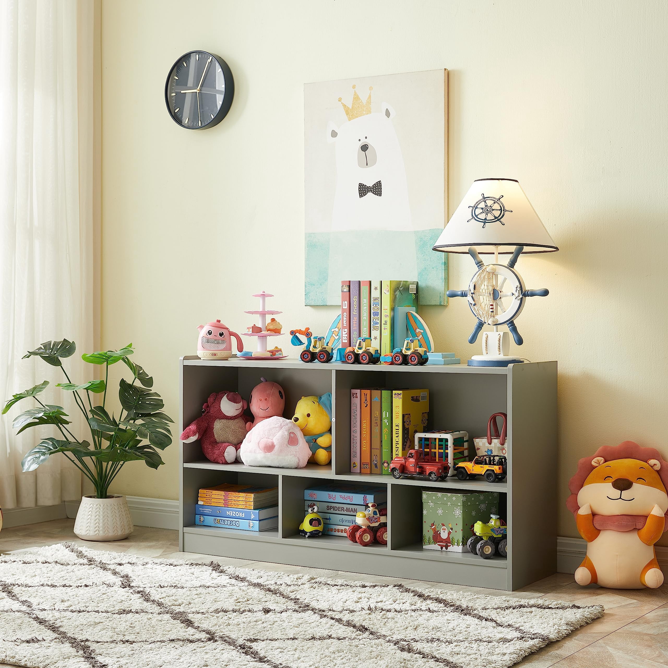 Kids Toy Storage Organizer, 5-Section Storage Cabinet for Organizing Books Toys, Wooden Bookshelf Daycare Furniture for School, Classroom Playroom, Nursery, Kindergarten (Gray)