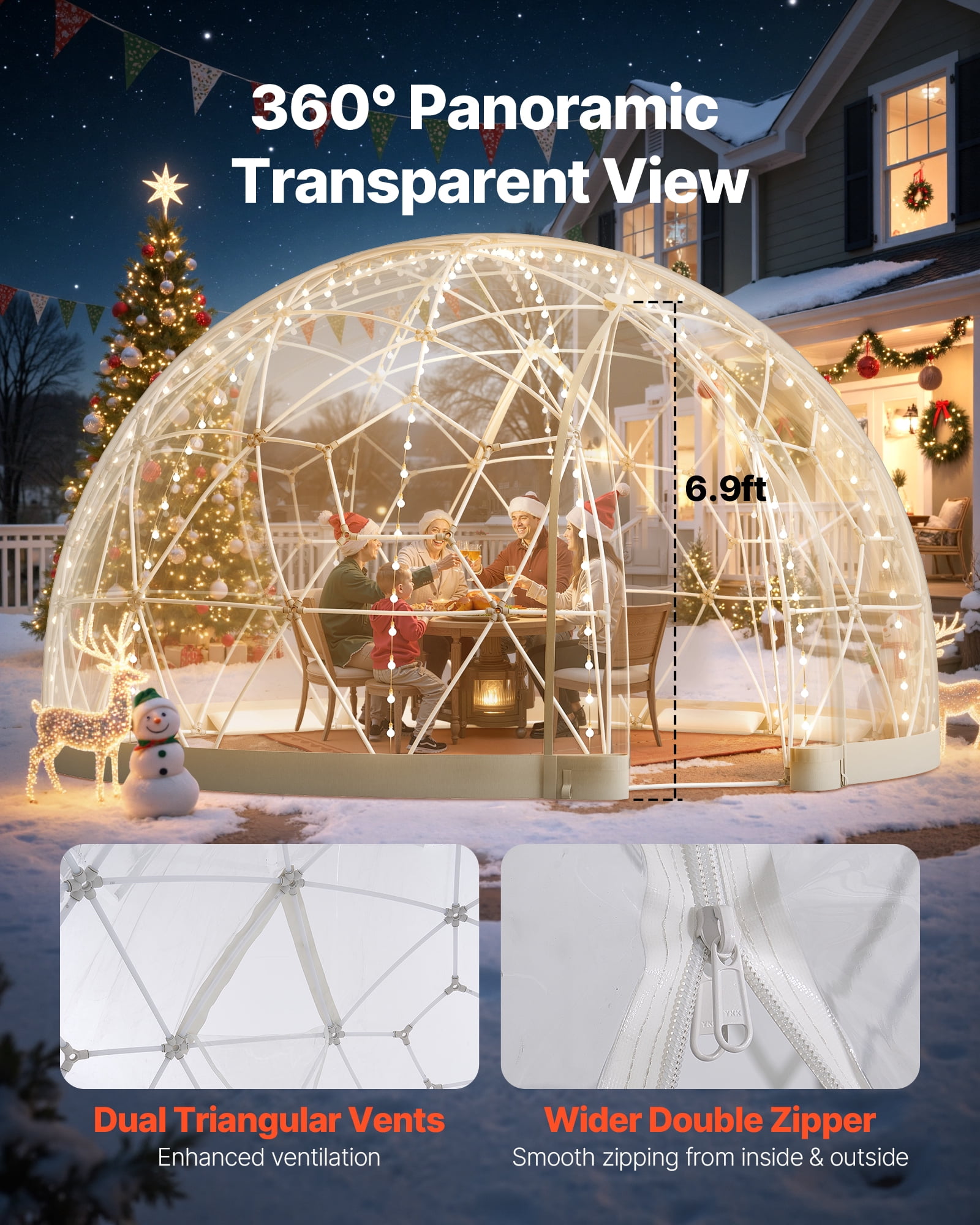 VEVOR Garden Dome Tent, 15 x 9.5 ft Outdoor Clear Bubble Tent for 10-14 Person, Weatherproof Geodesic Dome Greenhouse with Window, PVC Igloo Tents for Backyard Patios Camping Party Wedding