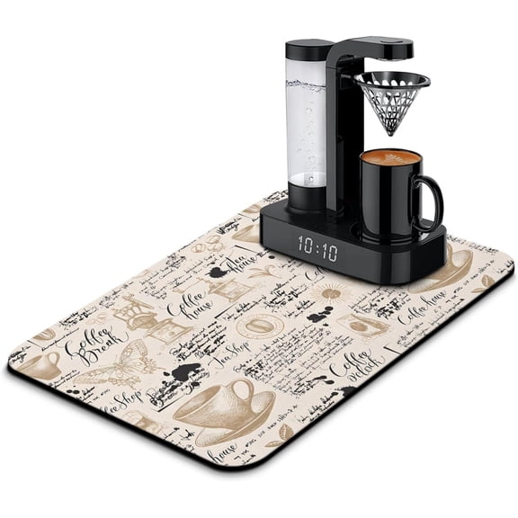 Coffee Bar Mat Accessories for Countertop Absorbent Hide Stain Rubber Backed Dish Drying Mats for Kitchen Counter Draining Pad Decor Gift Fit Under Coffee Maker Coffee Pot Espresso Machine (24x16in)
