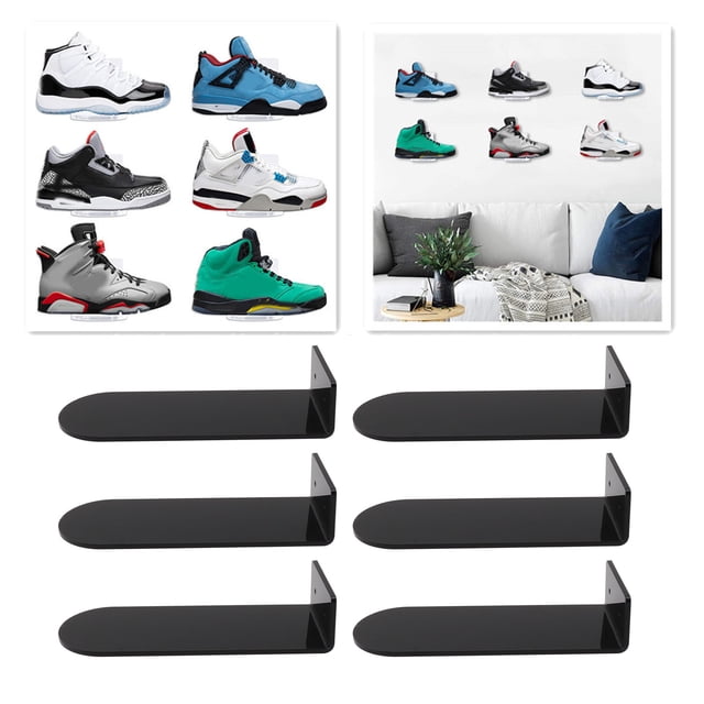 6pcs Floating Shoe Shelves, Acrylic Transparent Display with Design, Holds Mens Size 6-13, Easy Installation, 7.9in Length