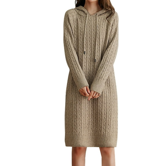 ZHYou Women Sweater Dresses Long Sleeve Cable Knit Hooded Midi Dress Drawstring Hoody Ribbed Cuff Comfy Casual Skirts,Gray,Free Size