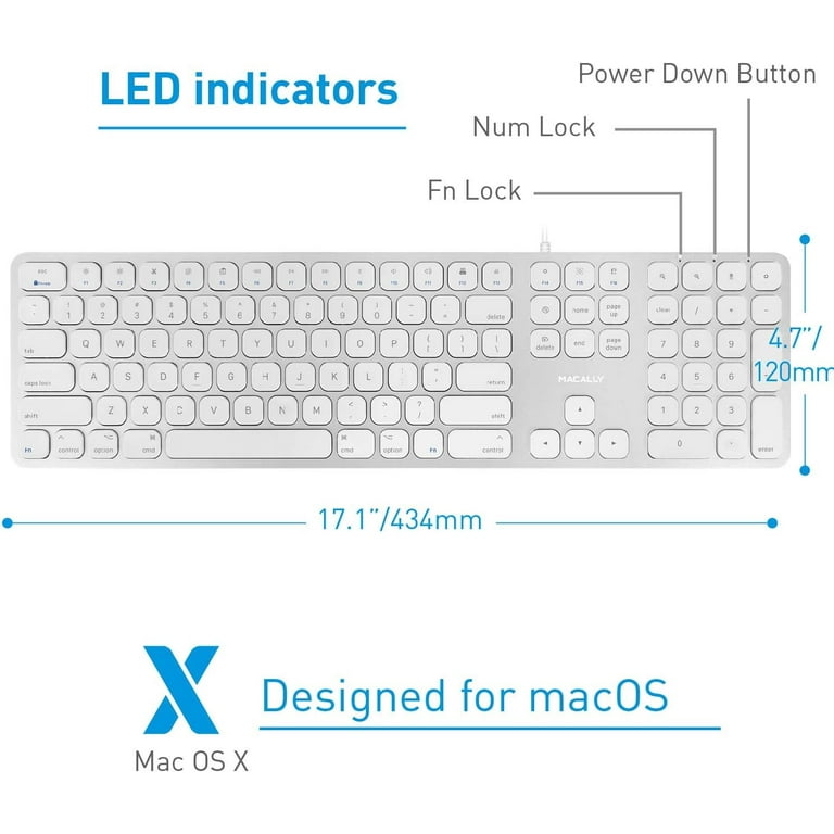 Macally Premium Wired Mac Keyboard with Number Keypad and 2 Port Hub -  Compatible Apple Keyboard Wired - Extended USB Keyboard for Mac Mini/Pro,  iMac,