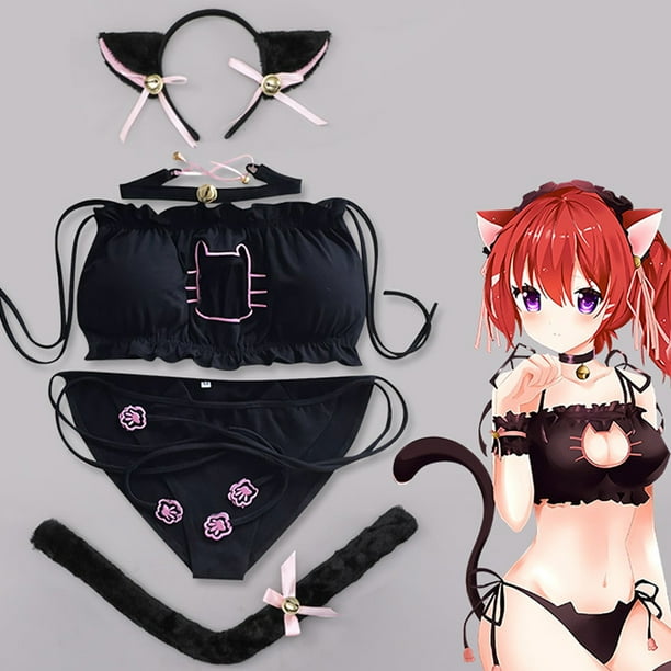 Conjunto de lenceria para mujer Gatito Ojo de cerradura Lindo traje sexy Oreja de gato Aro de pelo Cola de gato Negro
