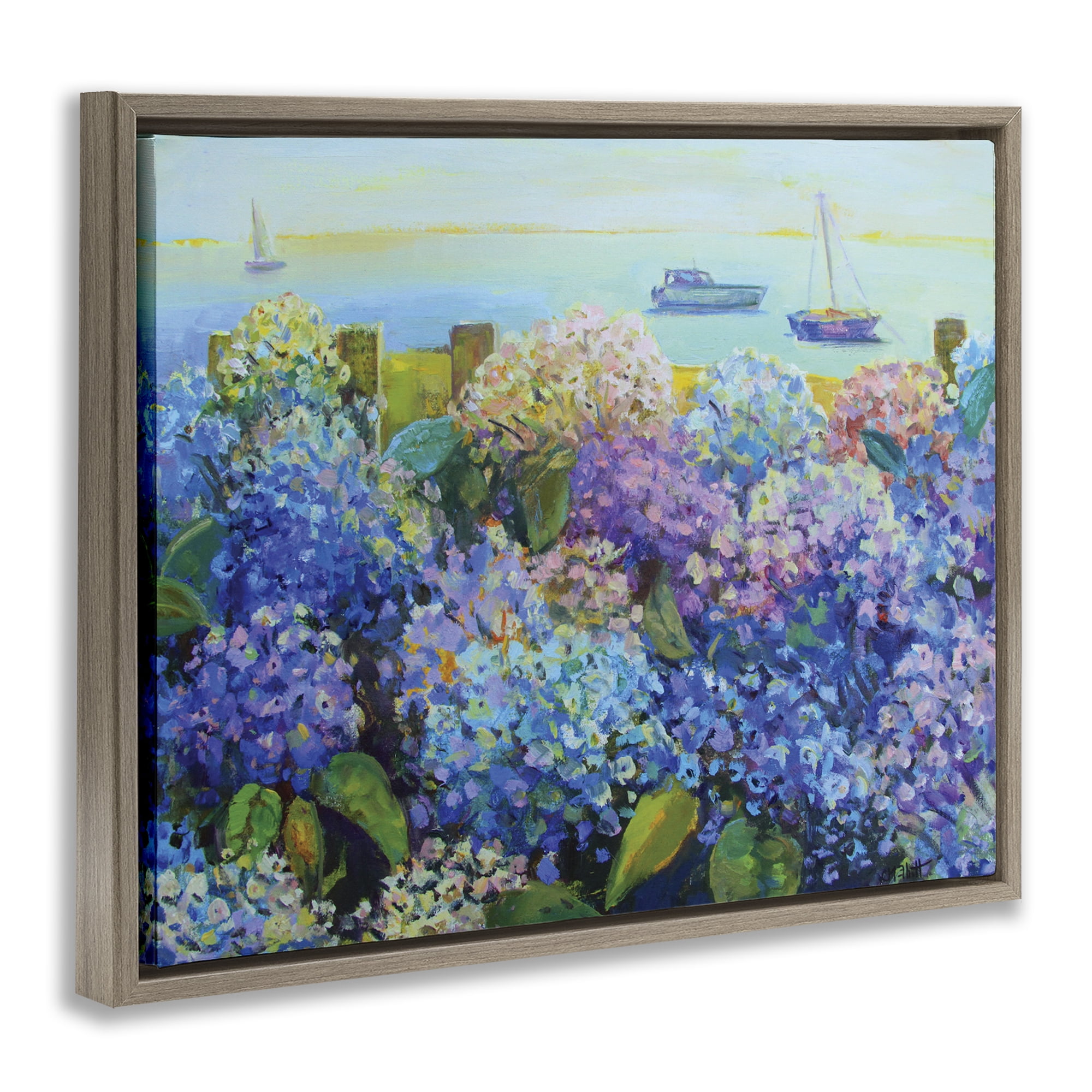 Stupell Industries Hydrangea By The Sea Landscape Painting Brown Floater Framed Art Print Wall Art, 31 x 25