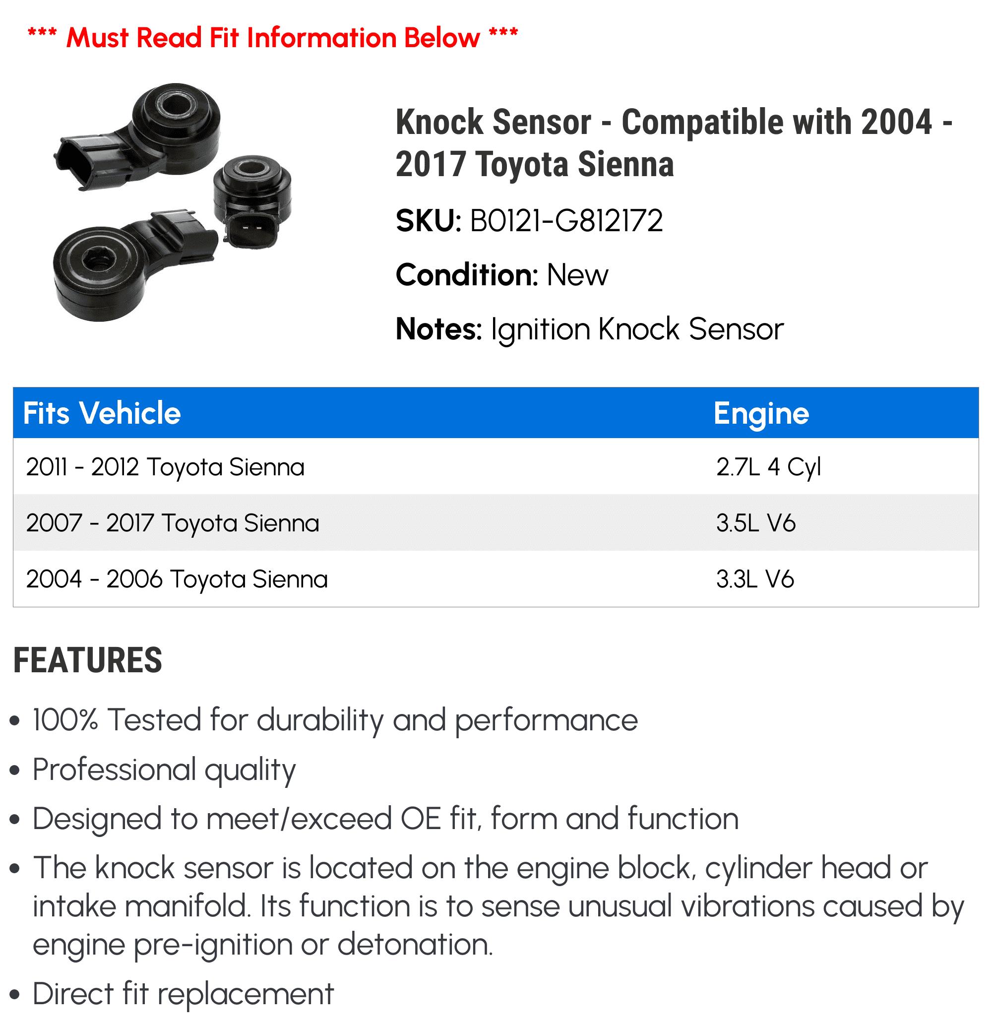 Knock Sensor - Compatible with 2004 - 2017 Toyota Sienna 2005 2006 2007 2008 2009 2010 2011 2012 2013 2014 2015 2016