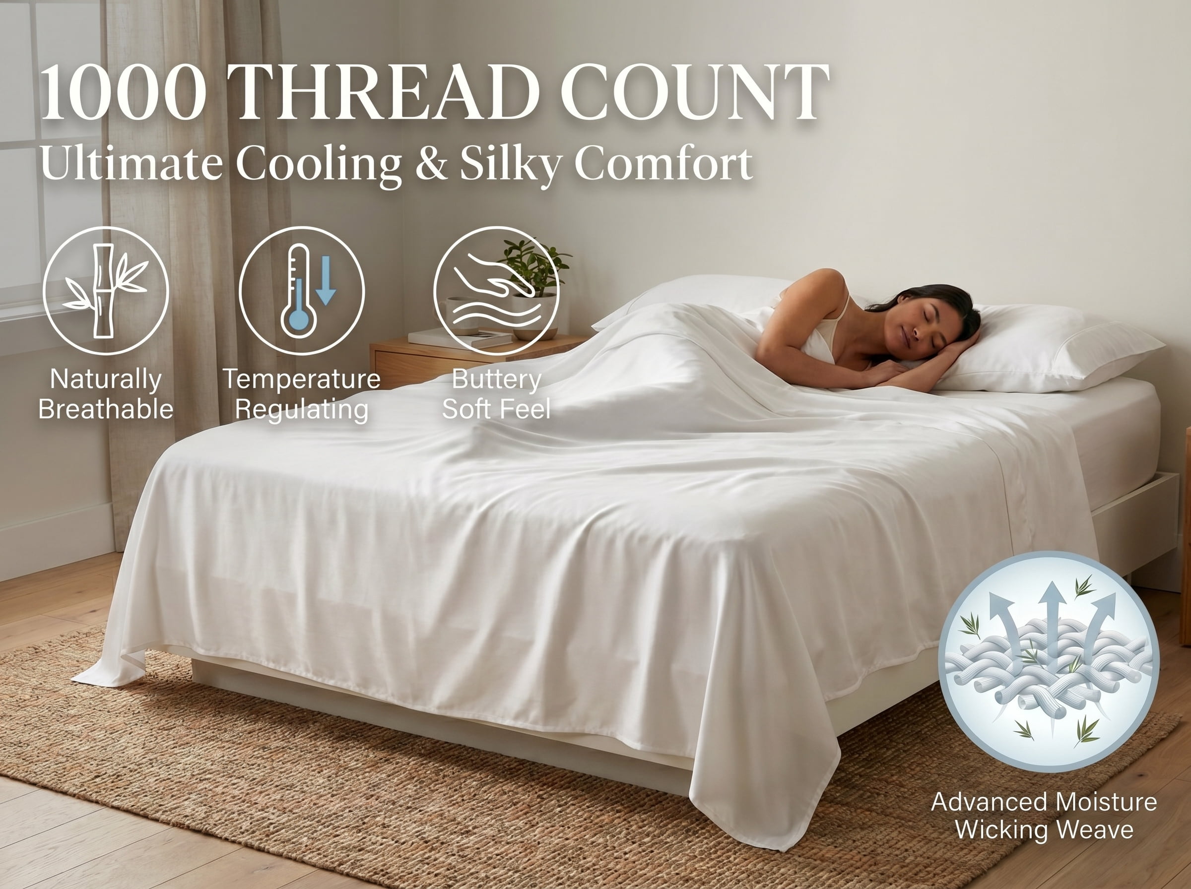 100% Viscose from BAMBOO Sheets Set Queen Size - 1000 Thread Count - 4 Piece Bedding - 10" Deep Pocket - White