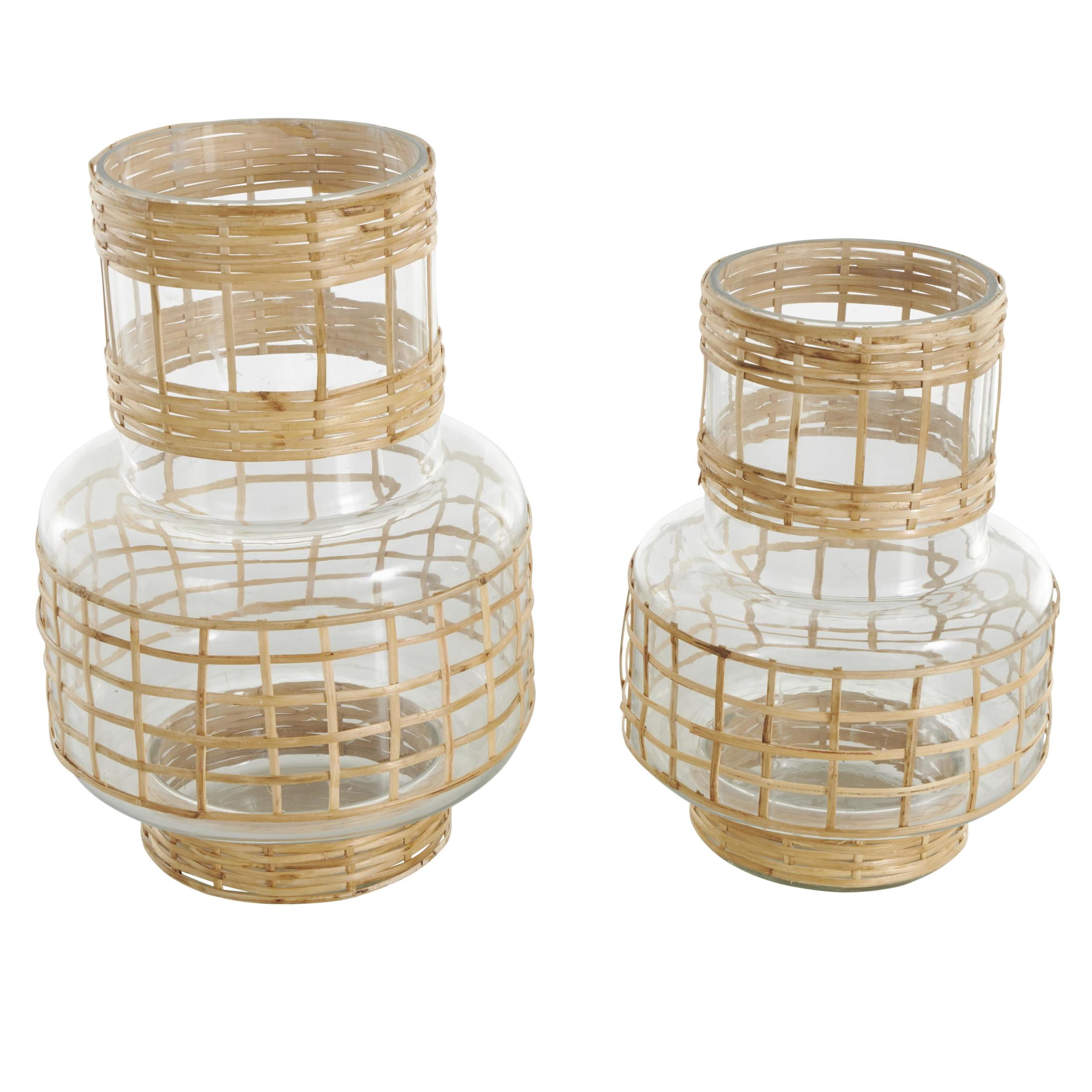 DecMode 12", 9"H Handmade Rattan Wrapped Glass Vase, Set of 2