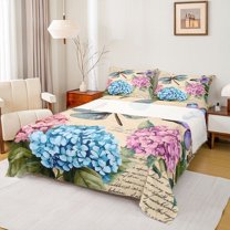 Feelyou Blue Pink Flower Twin Sheet Sets, Cartoon Dragonfly Animal Twin Fitted Sheet, Western Old Fashion Flat Sheet, Breathable Home Decor, 3pcs