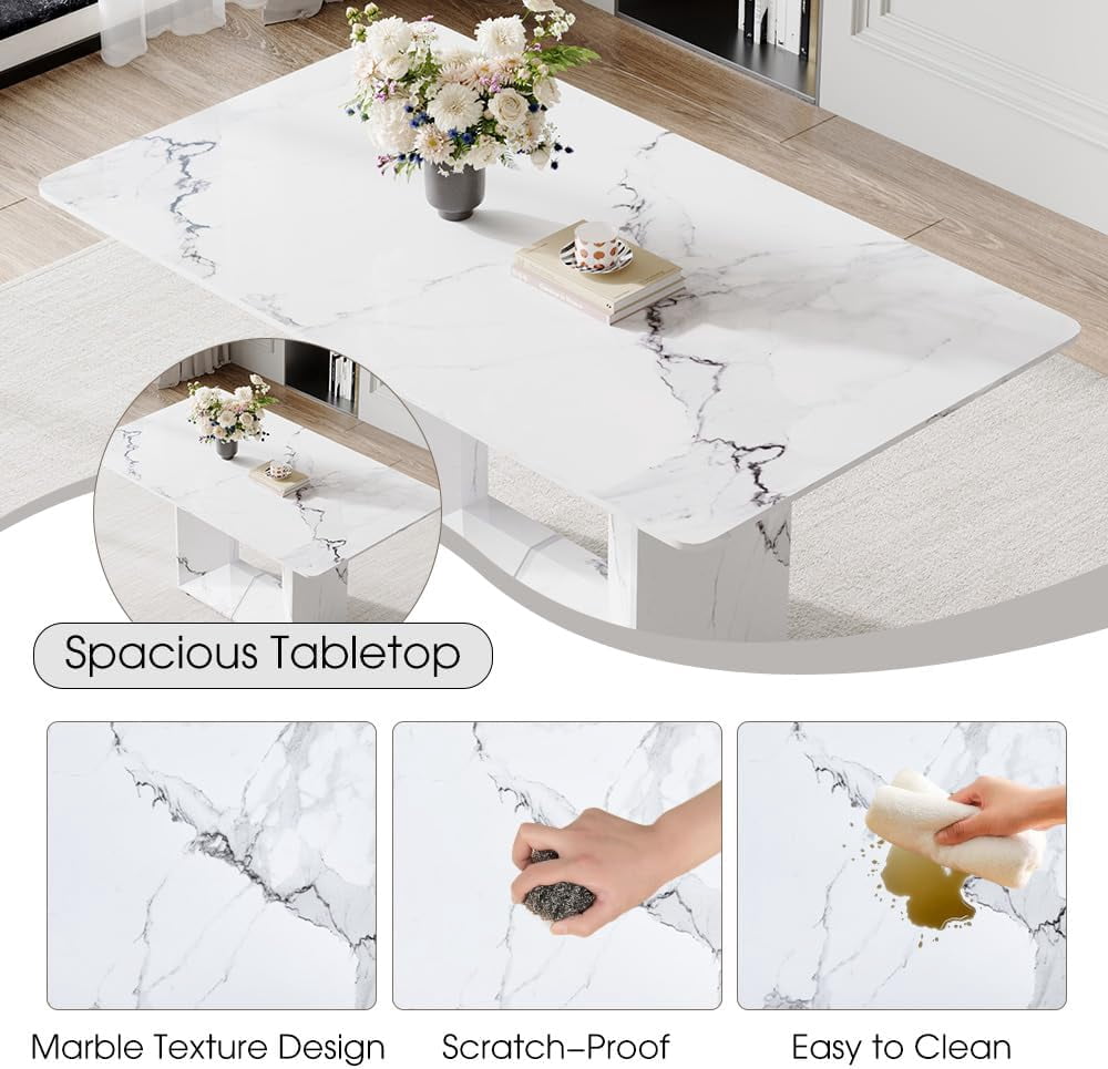 JUFU 63'' Faux Marble Dining Table, White MDF Rectangle Kitchen Table for 4–6, Modern Dining Room Table