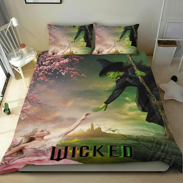 Película Wicked Conjunto de sábanas temático, trío de piezas, cómodo y amigable con la piel, diseño único, regalo de decoración para el hogar para familiares, amigos y fans, 90 cm * 190 cm