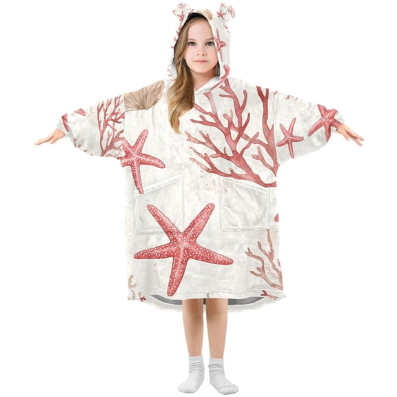 FORMRS Wearable Blanket Hoodie with Sleeves for Kids Cozy Flannel Sweatshirt, White Starfish
