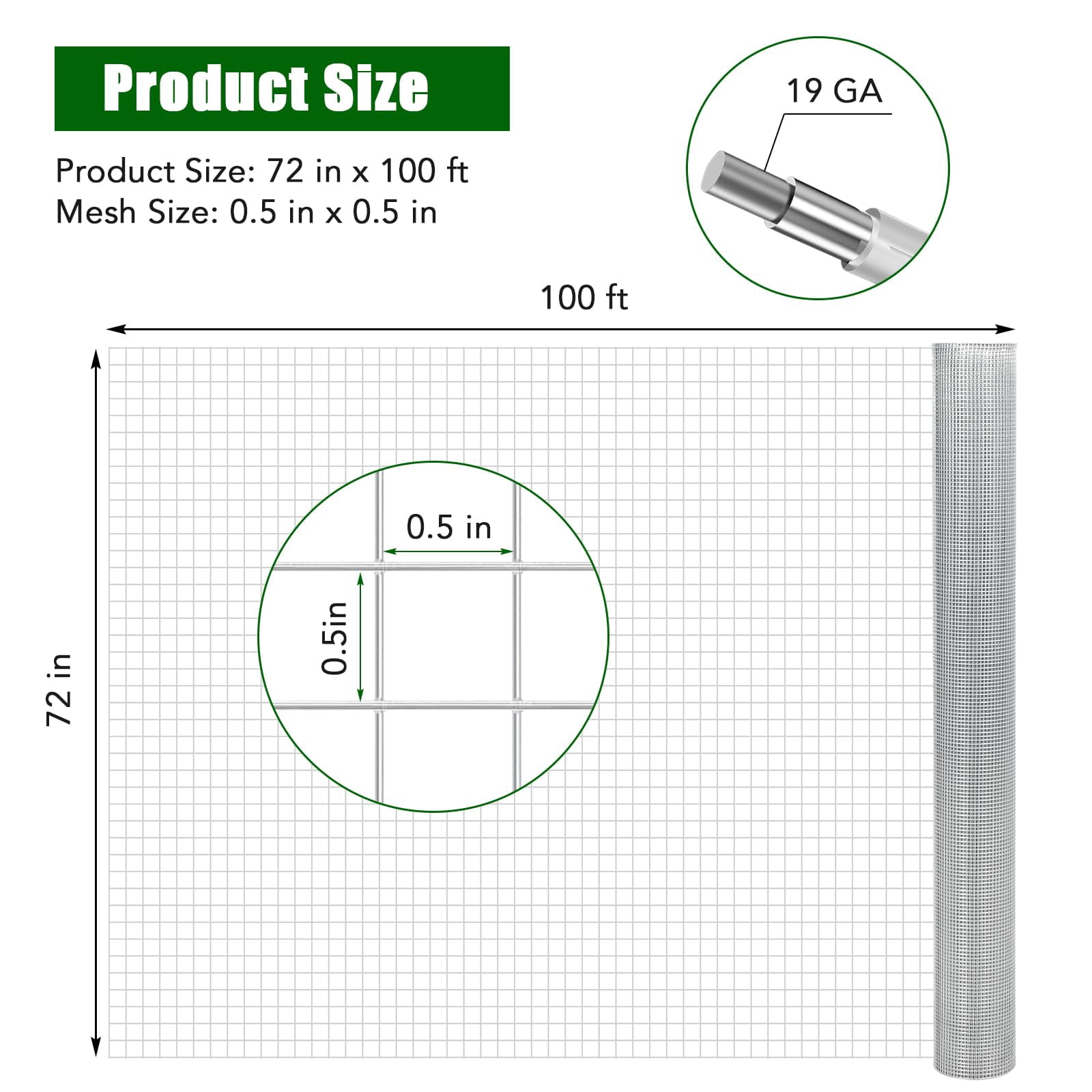 1/2inch 72inx100ft 19 Gauge, Chicken Wire Fence Wire Mesh Fence Galvanized Steel Poultry Netting Garden Fence Tree Guard Wire Fence Rolls Hardware Cloth for Yard Vegetable Plant Protection