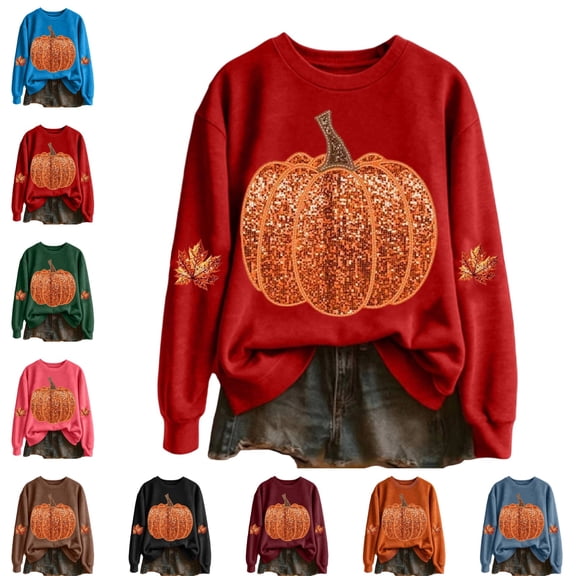 OIOLOYJM Halloween Sweatshirts For Women Baggy Cute Sequin Pumpkin Graphic Long Sleeve Hoodies Fall Winter Oversized Soft Comfortable Holiday Party Lounge Outfits