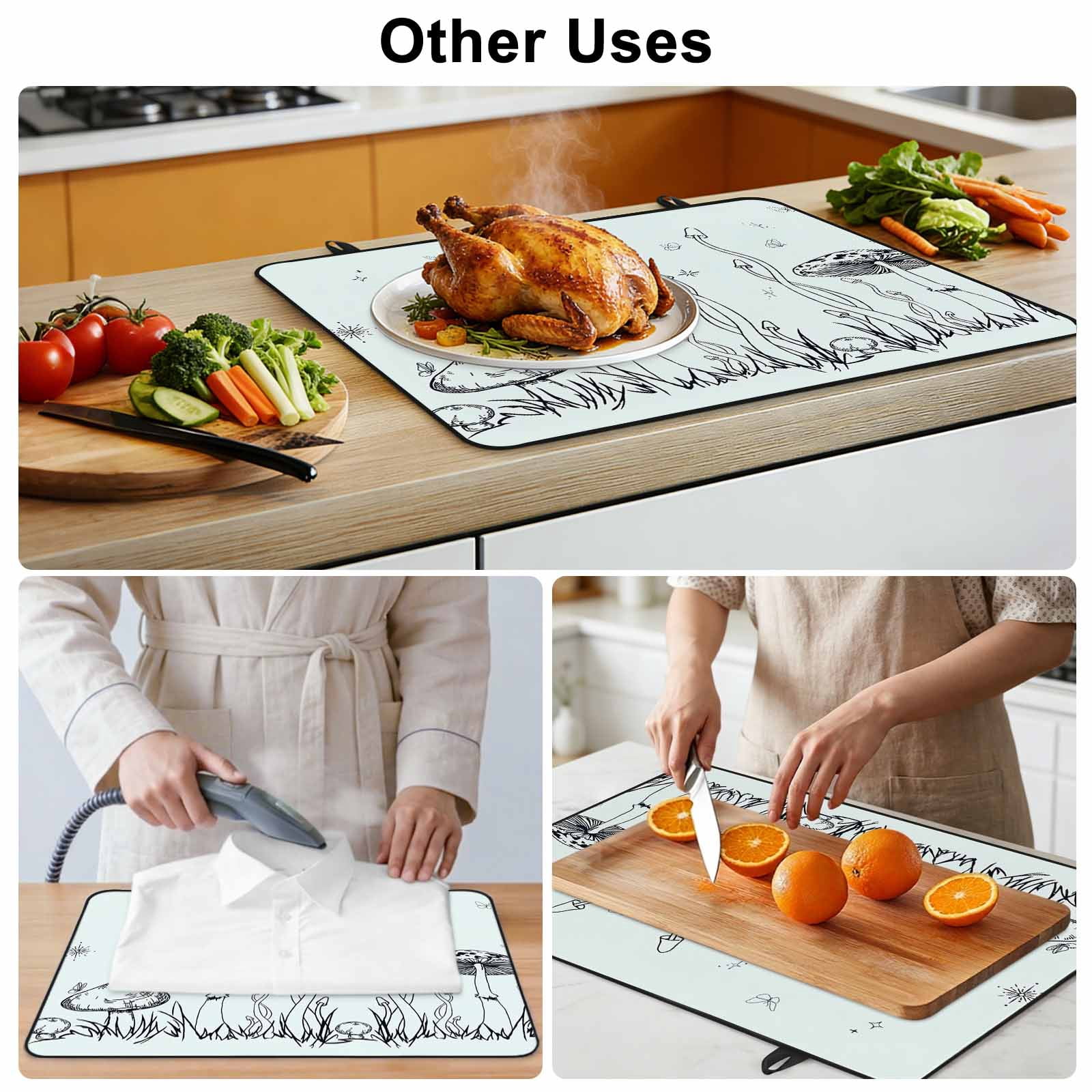 Mushroom Stove Top Cover for Electric Stove, Heat-proof & Non Slip Glass Top Stove Cover Protector, Black Lines Botanical Butterfly Spring Floral Kitchen Flat Cooktop Rubber Mat 24x21 Inches