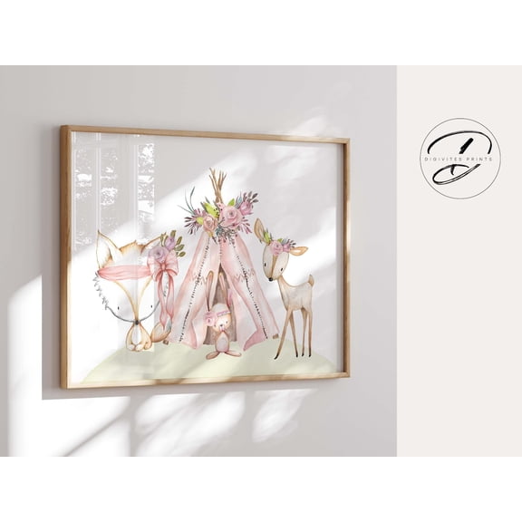Baby Girl Nursery Decor, Floral Watercolour Woodland Nursery Wall Art, Little Girls Bedroom Print, Boho Nursery, Forest Animals Home Decor #66, Unframed Poster Size 8x12