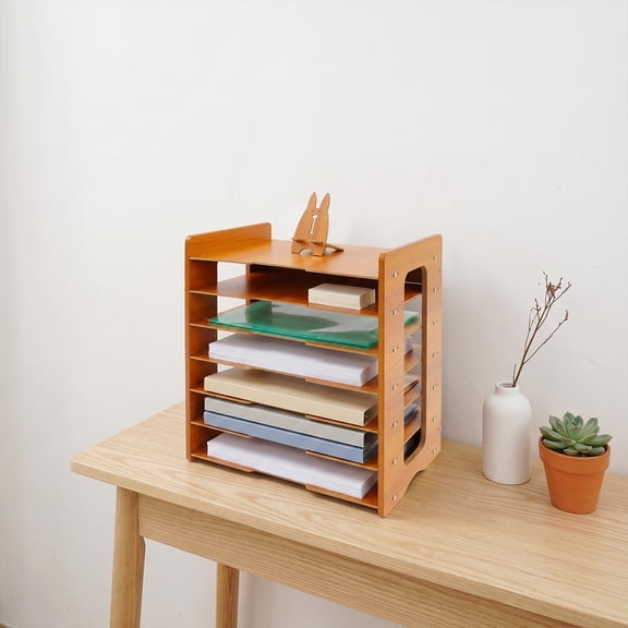 7 Tier Wood Desk Organizer Paper File Holder Letter Tray, A4 Sorter Large Capacity, Sturdy Space Saving Rack for Home Office