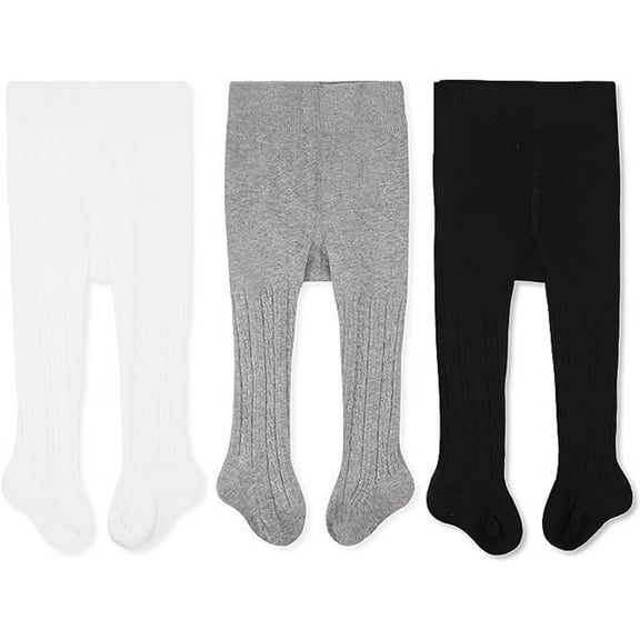 CozyWay Cable Knit Baby & Toddler Tights - Soft Cotton Baby Leggings - Stay-Up Ribbed Waist for Toddler Girls - Versatile Cable Knit Infant Leggings - 6-12 Months, Pack of 3, White, Black, Gray