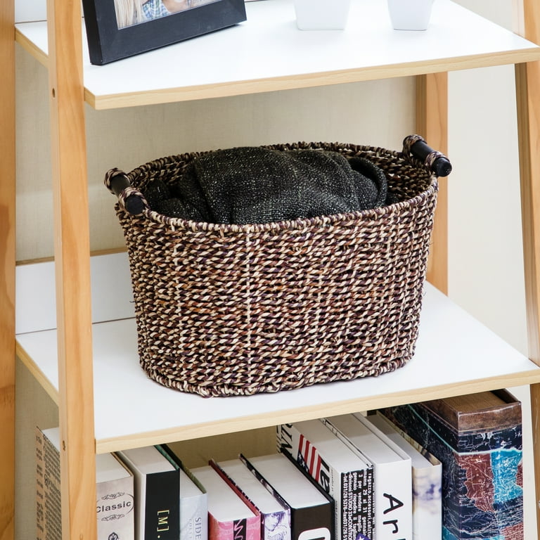 Mainstays Brown Oval 2-Hue Seagrass Storage Basket with Wooden Handles, 8.31 in. x 10 in. x 14.31 in.