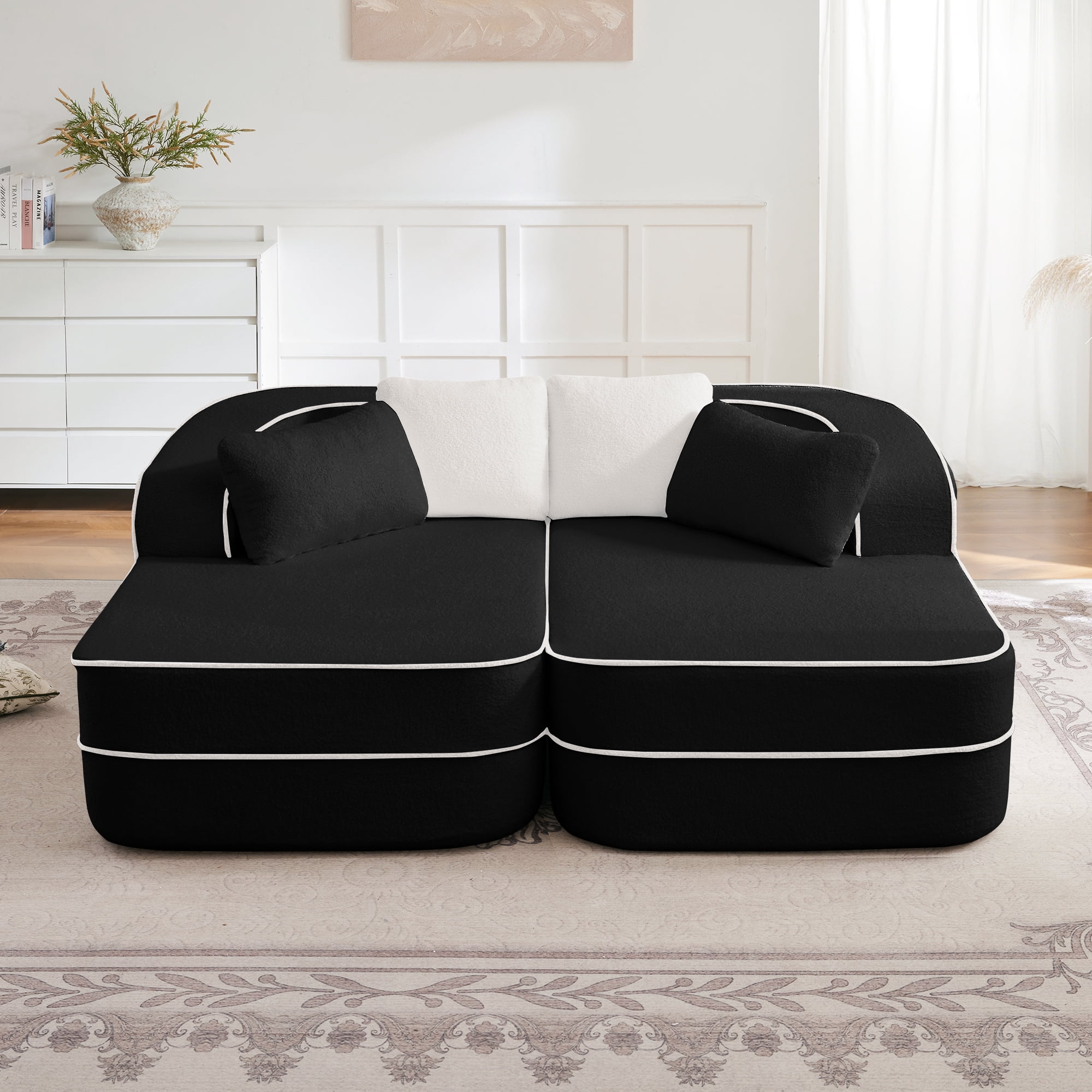 106" Teddy Fabric No Assembly 32D Boneless Sofa, Comfy Couch with L-Shaped Chaise for Living Room, Black