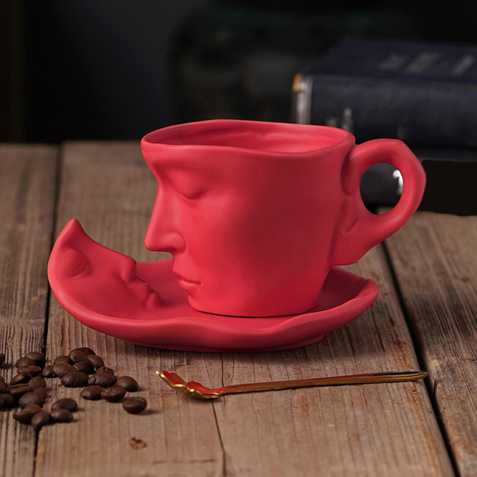 Nishiyuenyi 3D Human Face Kissing Mug with Spoons and Human Face Coaster Espresso Mugs 260ml Red