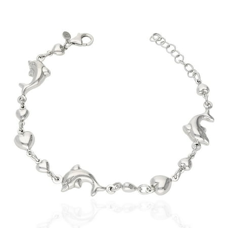 925 Sterling Silver Shiny Puffed Dolphin And Heart Adjustable Bracelet 7