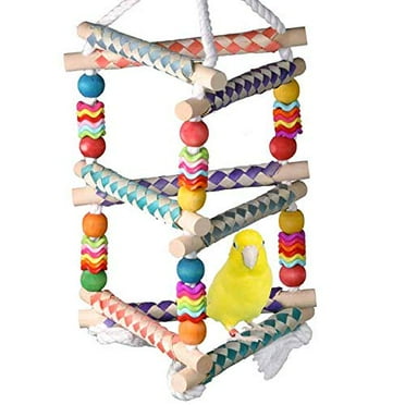 Super Bird Creations SB1113 Finger Trap Pagoda Bird Toy - Satisfies Chewing for Canary Finch Parrotlets Cockatiels - Vibrant Design with Cotton Rope, Beads, & Rings - Medium Size Birds, 14.5"x7"x7"