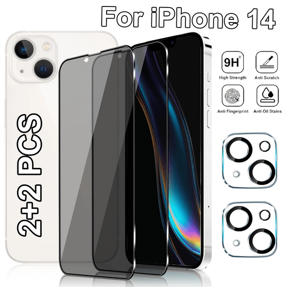 2 Pack For Iphone 14 Privacy Screen Protector And 2 Pack Camera Lens Protector, 9H Hardness Tempered Glass, Anti Spy Anti Peeping,Touch Sensitivity, Anti-Fingerprint,Easy Installation,Bubble-Free