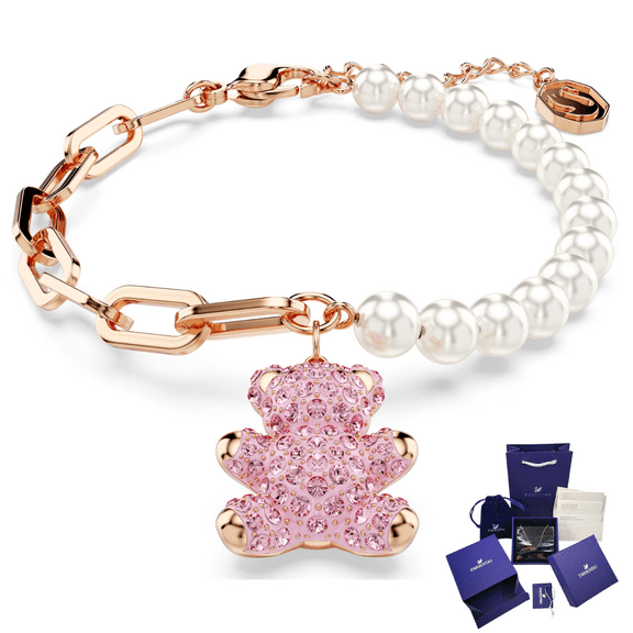 PULSERA BRAZALETE TEDDY BEAR OSO ROSA SWAROVSKI PERLAS + KIT DE REGALO