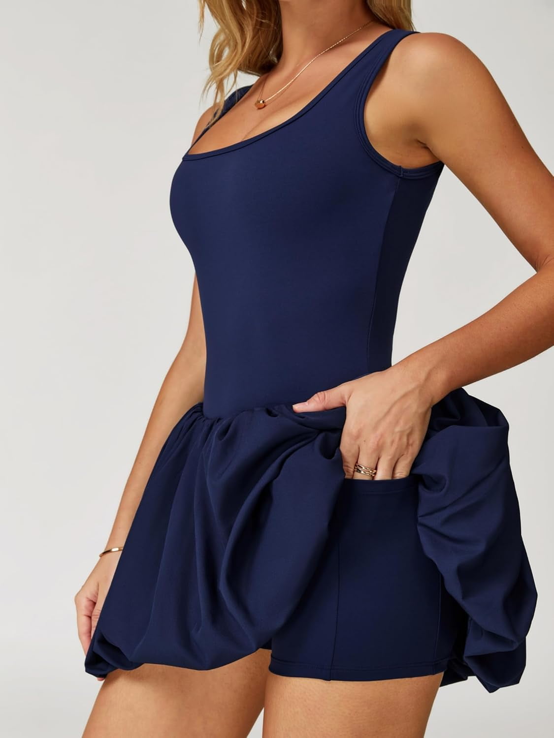 PISONIC Womens Tennis Golf Dress with Built-in Bra Shorts Backless Square Neck Mini Puffy Skirt Athletic Dresses with Pockets