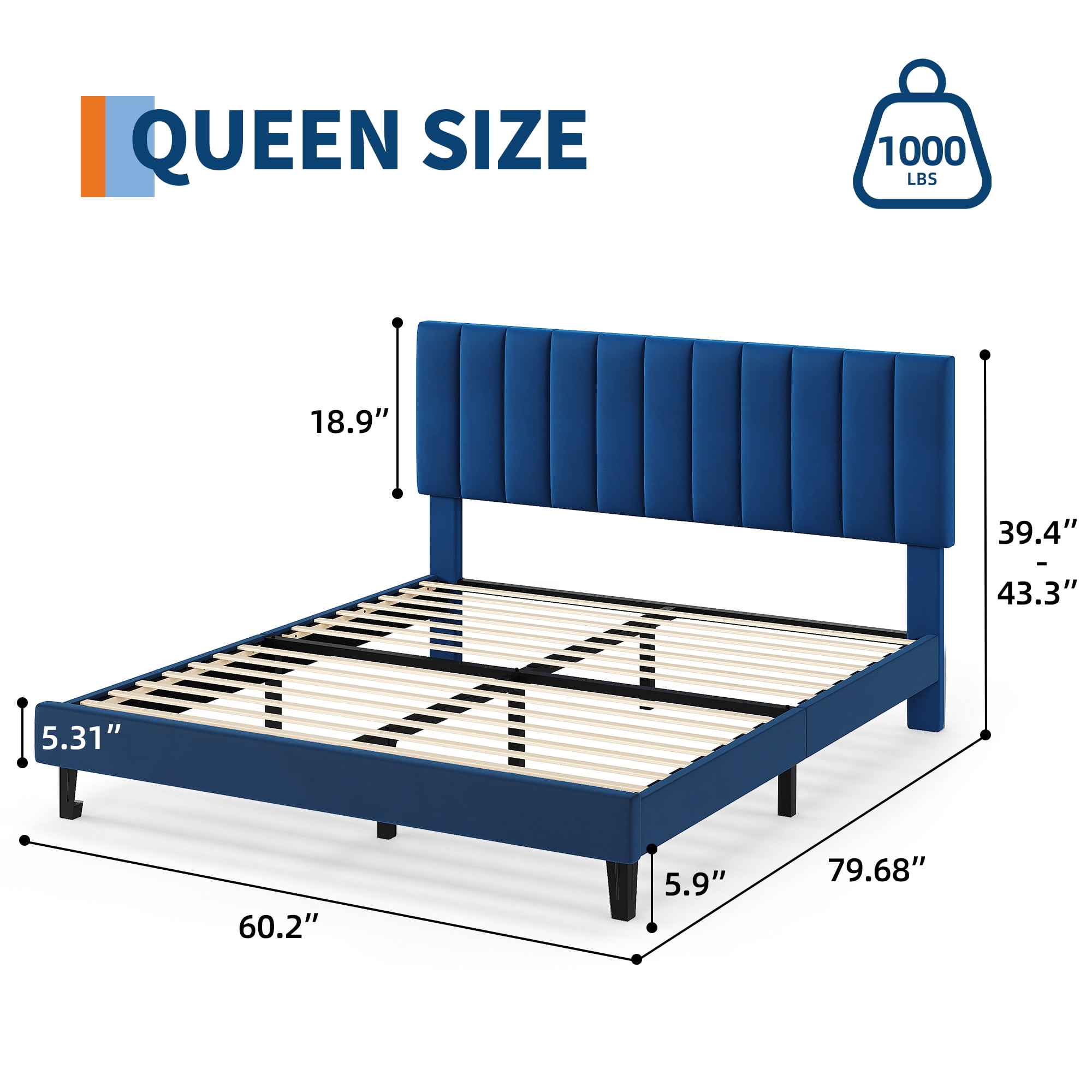 GOGRANT Velvet Upholstered Platform Bed Frame with Adjustable Headboard, Queen