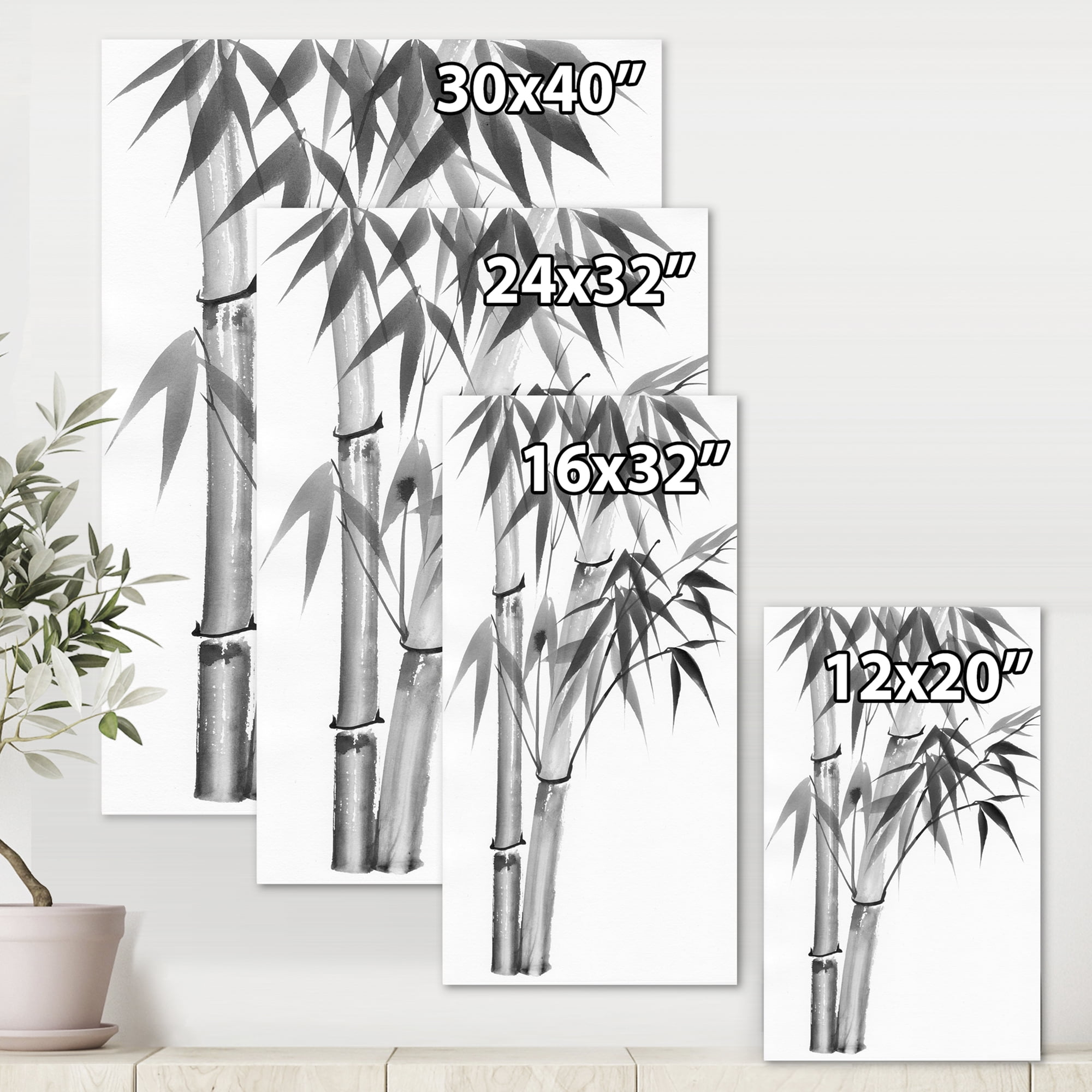 Vintage Black and White Bamboo 30 in x 40 in Painting Canvas Art Print, by Designart