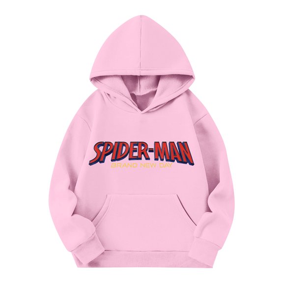 Unisex Boys Fleece Lined Hooded Sweatshirt with Fun Letter Print, Cozy Long Sleeve Pullover Shirt with Pouch Pocket for School Outdoor Play, Pink, 140