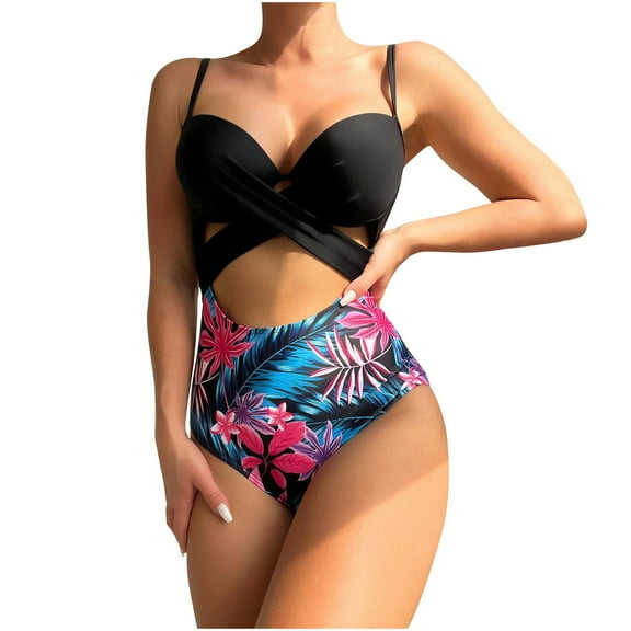 WREESH Womens One Piece Swimsuits Printed Cut-Out Swimsuit Sleeveless Bathing Suits Black