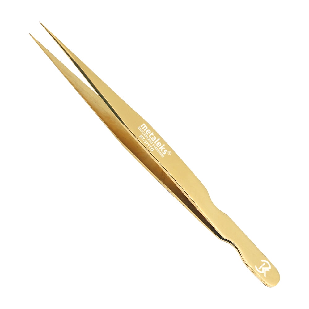 Metaleks 3Pcs Japanese Stainless Steel Tweezers for Eyelash Extension in Golden Titanium Coated with Golden Glitter Magnetic Kit