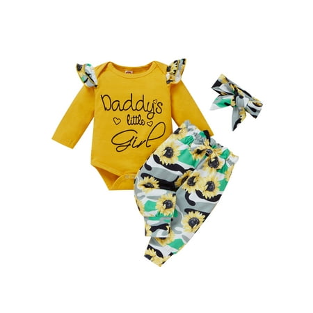 

Canrulo Newborn Infant Baby Girl Clothes Long Sleeve Rompers Tops+Floral Pants with Headband 3Pcs Fall Outfits Yellow 0-3 Months