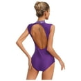 thumbnail image 4 of Choomomo Women One Piece Shiny Rhinestone Athletic Gymnastics Leotards Color Block Figure Ice Skating Costume Purple M, 4 of 6