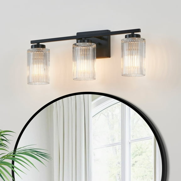 Kyrid 22 in. 3-Light Black Vanity Light with Clear Ribbed Glass Shades